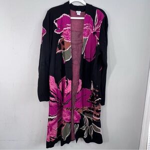 Stunning Chicos long floral open front duster cardigan black magenta xxl 4